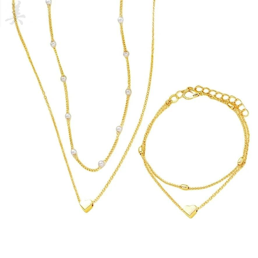 Fashion Imitation Pearl Heart Jewelry Set For Women Gold Silver Color Round Beads Necklace Bracelet Set Daily Wear Accessories