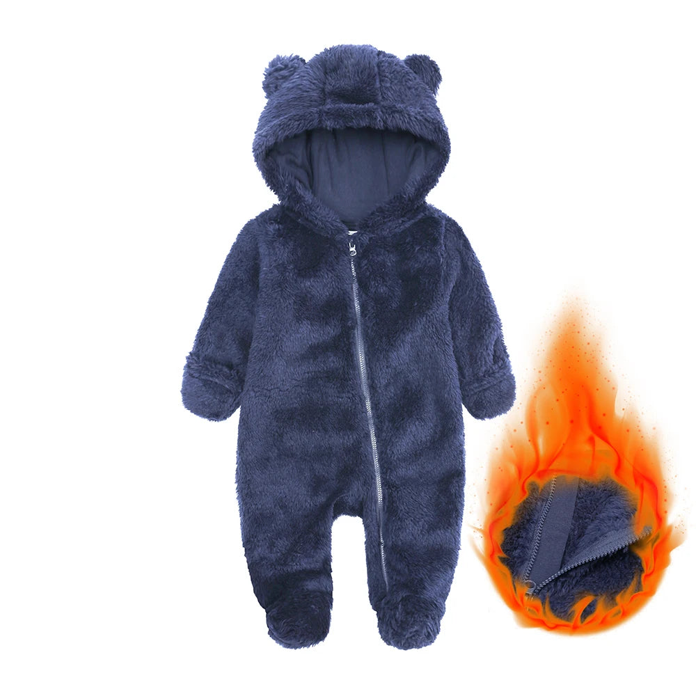 2026 Winter Baby Rompers Infant Fleece Bear Hooded Onesies Newborn Baby Boy Girl Zipper Jumpsuit Bodysuit Pyjamas