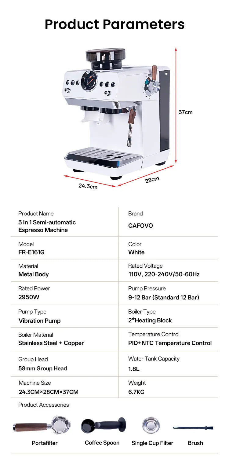 CAFOVO E161G 3-in-1 Semi-automatic Coffee Machine with Burr Grinder Frothing Milk for Home Barista Espresso & Cold Brew 220V