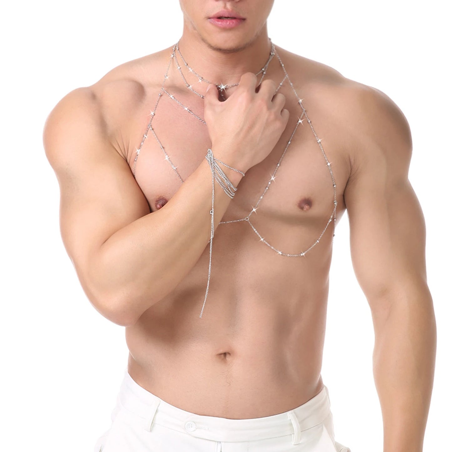 Body Chest Chains Harness Rhinestones Sexy Charm Necklaces Chain Men Bondage Costume Fashion Gift Nightclub Wear