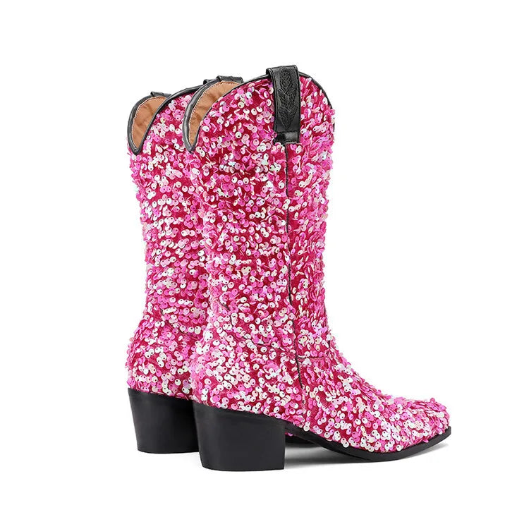 Women Sexy Western Boots Bling Bling Trends Party Chunk Heels Lady Shoes Fashion Pointed Nightclub Female Sequin Mid-Calf Boots