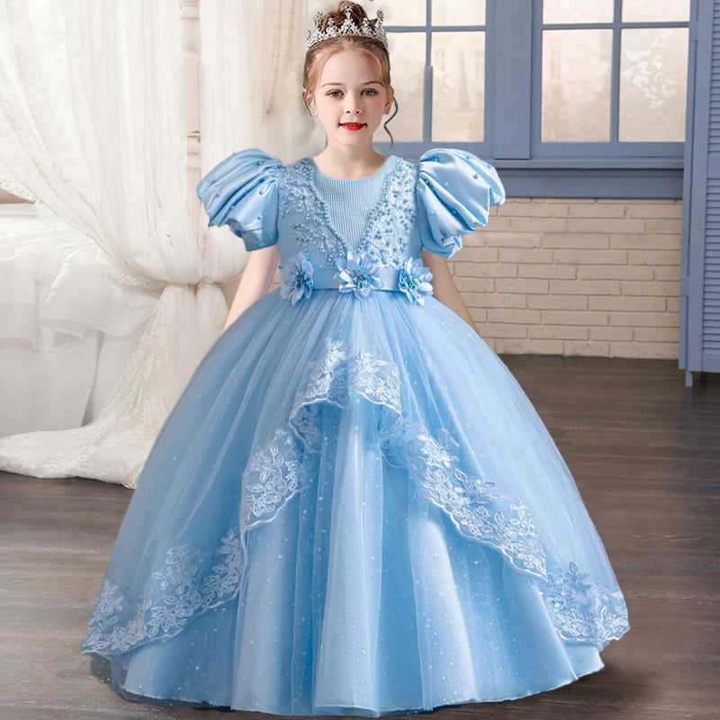 3-12 Year Old Baby Dress Birthday Party Girl Princess Dress Bubble Sleeves Lace Flower Wedding Dress Flower Girl Evening Dress