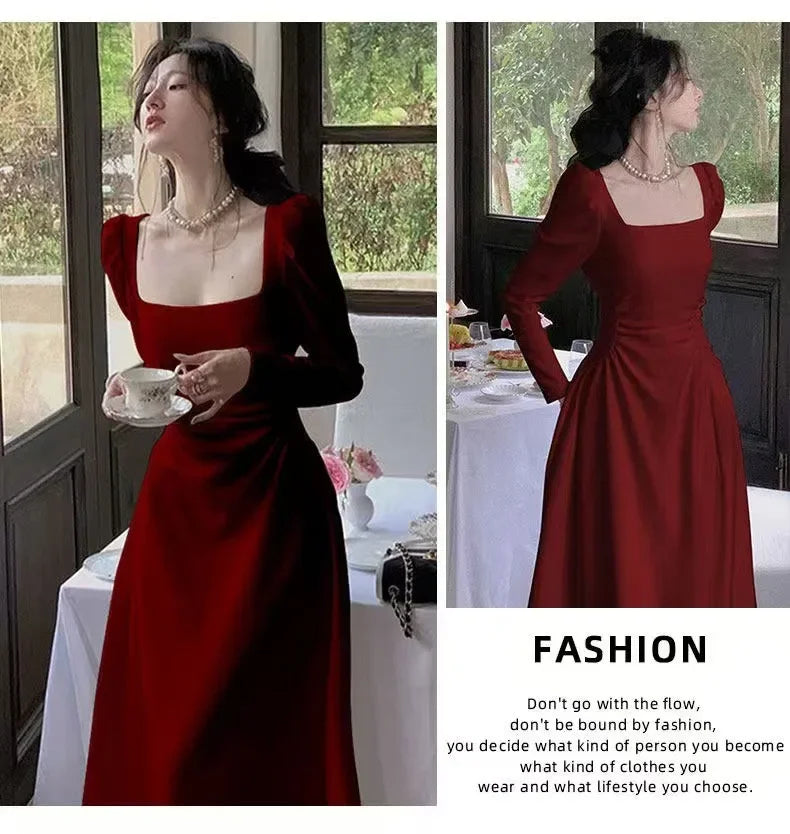 Red Long Sleeve Dress Wedding Dress Spring Autumn French Style Engagement Party Drinking Ceremony Bridal Gown Everyday Wear