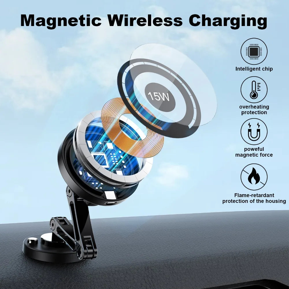 15W Magnetic Car Phone Holder Mount Wireless Charger Fast Charging Rotation Magnetic Car Phone Stand for IPhone 16 15 14 13 12