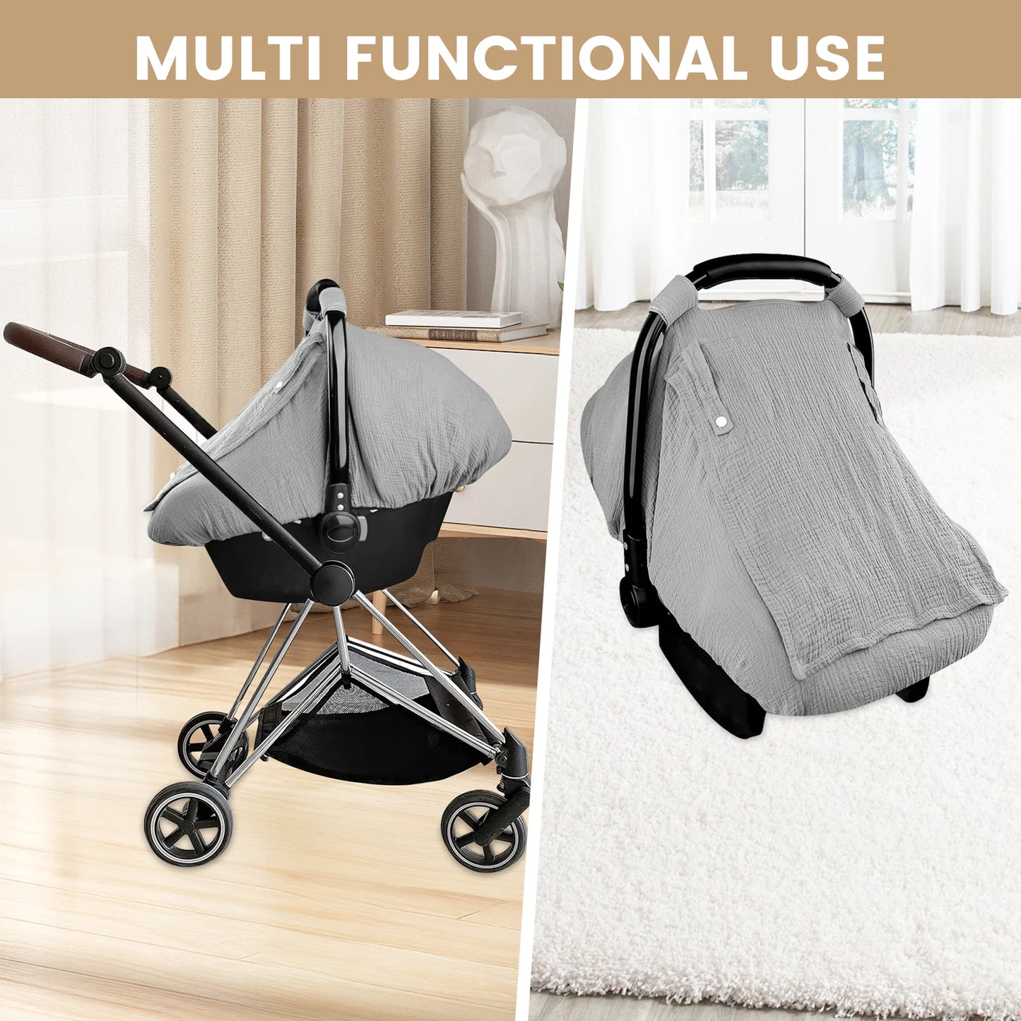 Baby Car Seat Cover Universal Baby Stroller Accessories 3 Modes Windproof Infant Carrier Canopy with Two Way Zipper for Travel