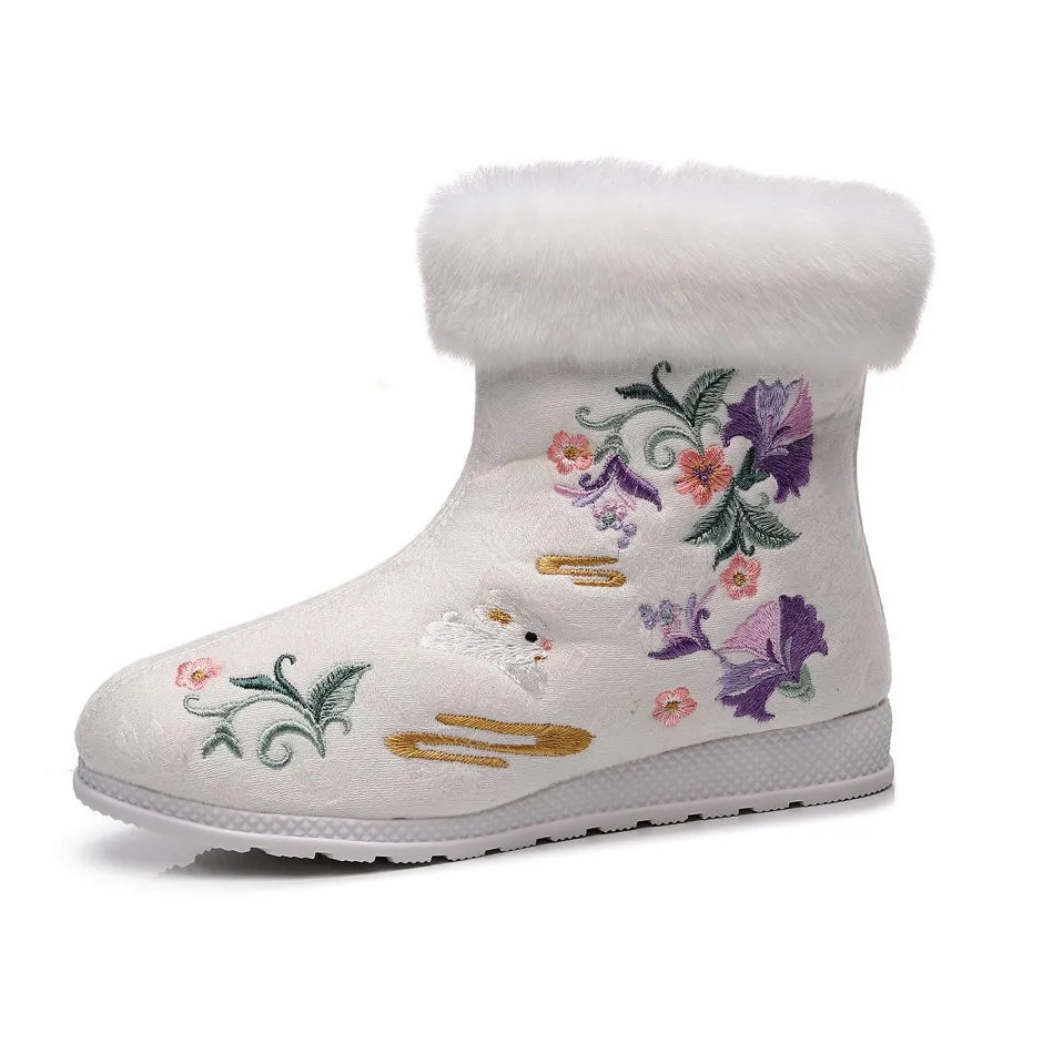 Winter Fashion Shoes Embroidered Fur Boots For Woman Bota Ancient Costume Botines Para Mujeres Hanfu Women's Boots Botas Mujer