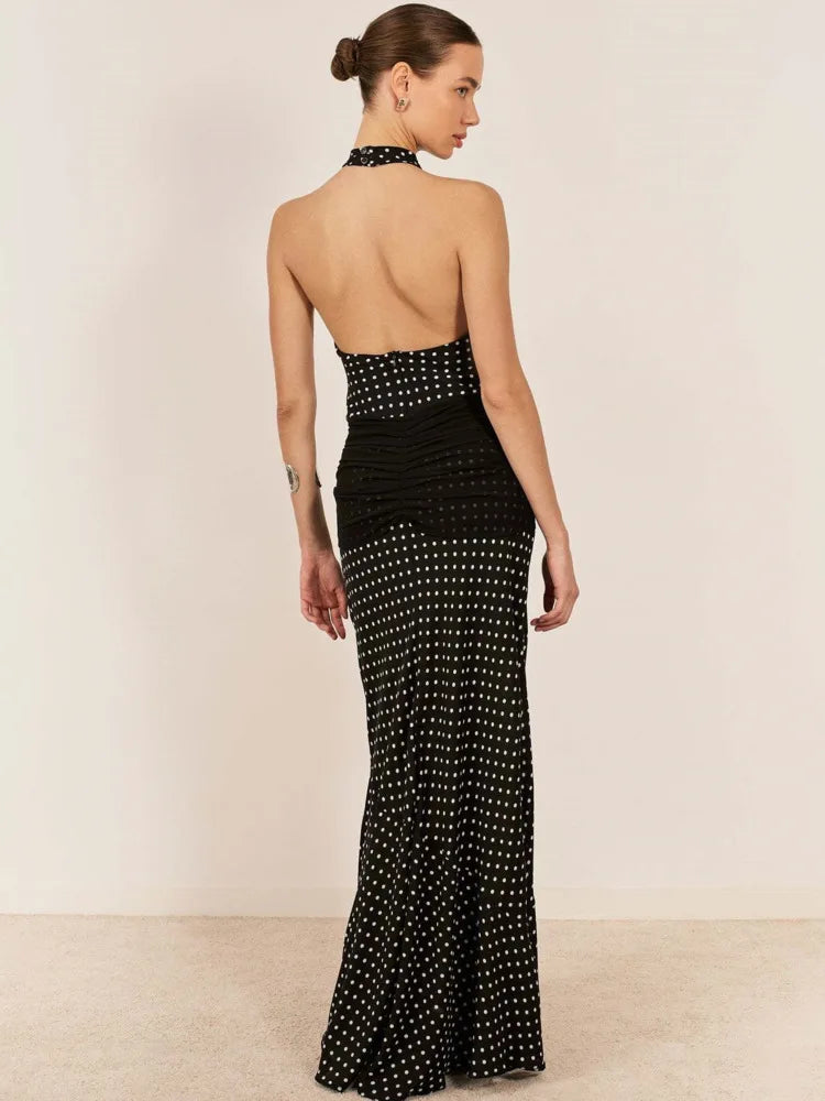 Blifanbo Polka Dot Halter Backless Sexy Maxi Dress Women Gown Ribbon Patchwork Off-shoulder Sleeveless Fashion Club Party Dress
