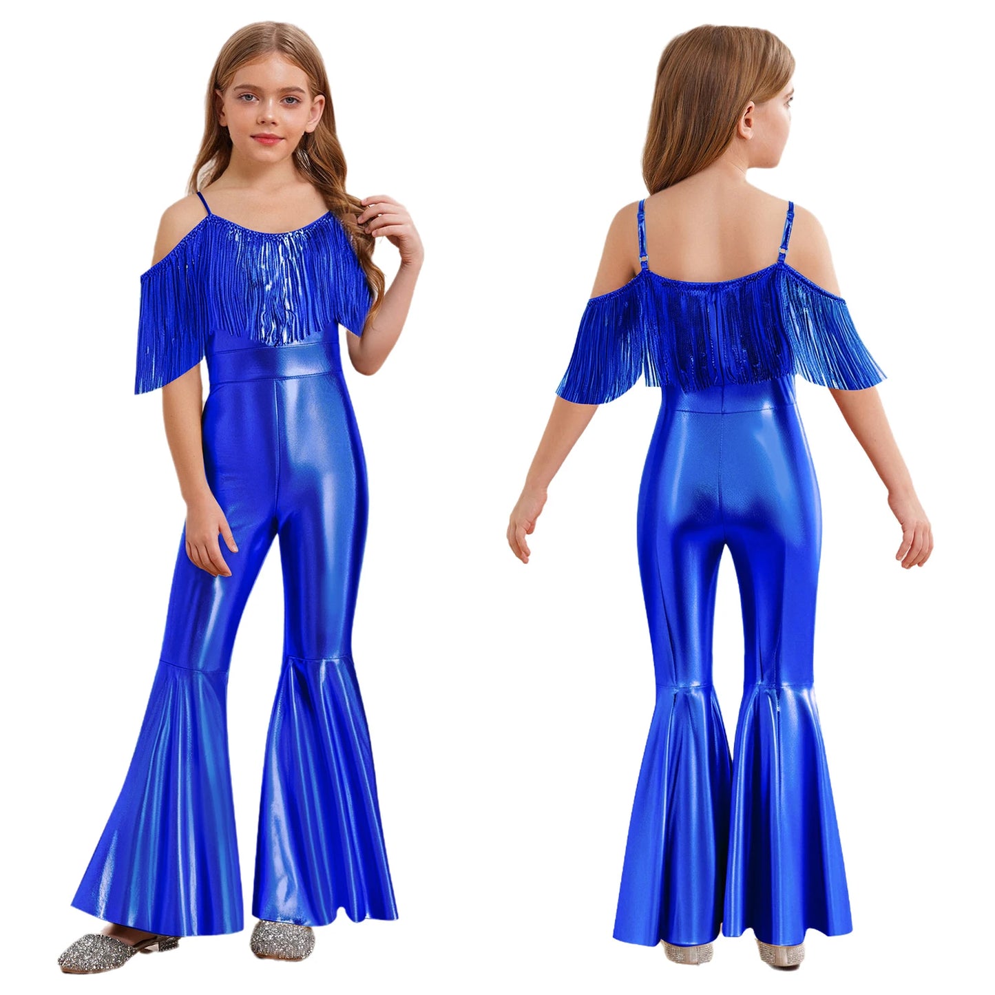 Halloween Kids Girls Hippie Costume Tassels Unitard Bell-bottom Long Pants Bodysuit Jumpsuit for Disco Dance 60s 70s Rave Party