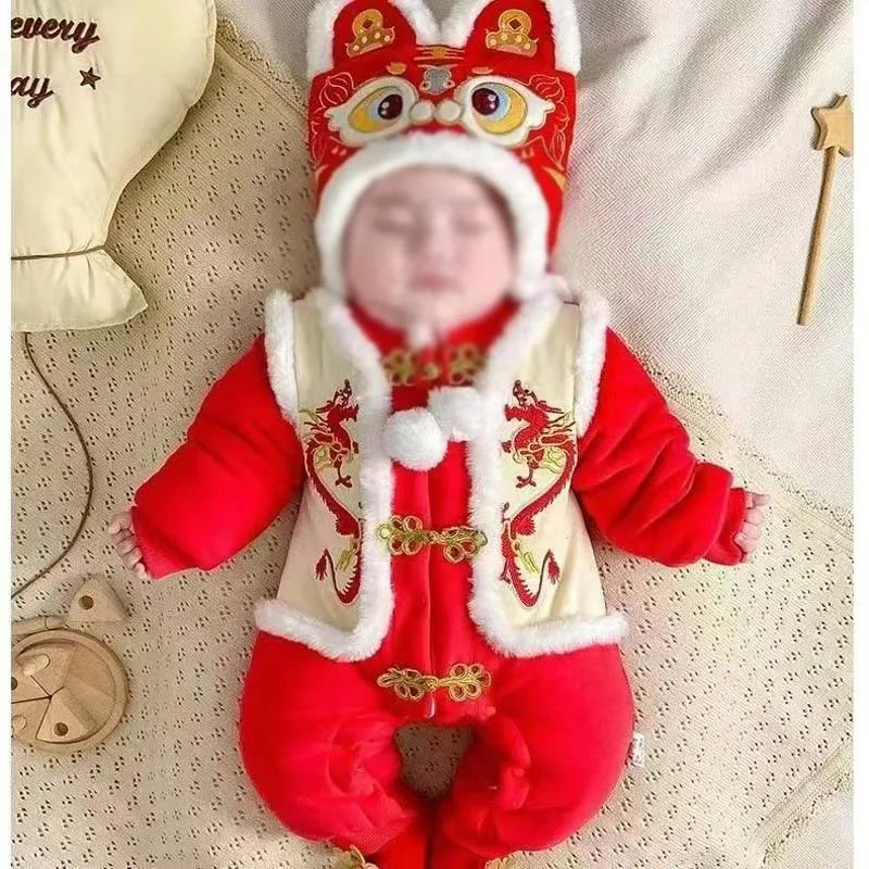 New winter Chinese New Year thick baby with hat jumpsuit