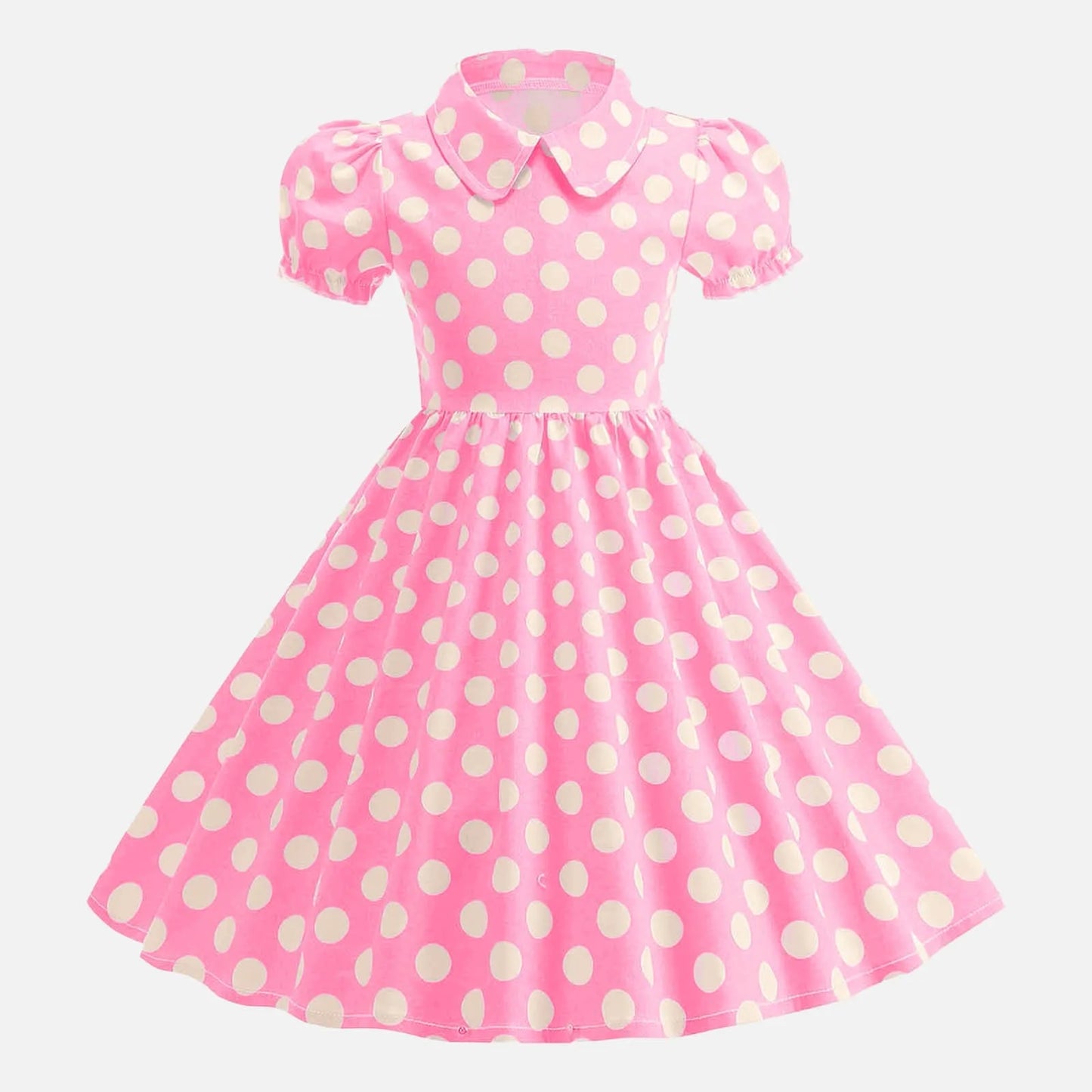 Girls Vintage Polka Dot Summer Dresses Elegant 50s Turn Down Collar Short Sleeve Princess Cocktail Dress Children'S Clothing