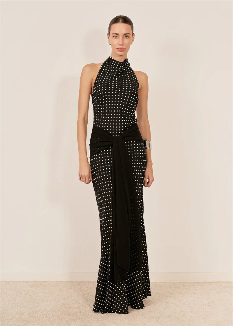 Blifanbo Polka Dot Halter Backless Sexy Maxi Dress Women Gown Ribbon Patchwork Off-shoulder Sleeveless Fashion Club Party Dress