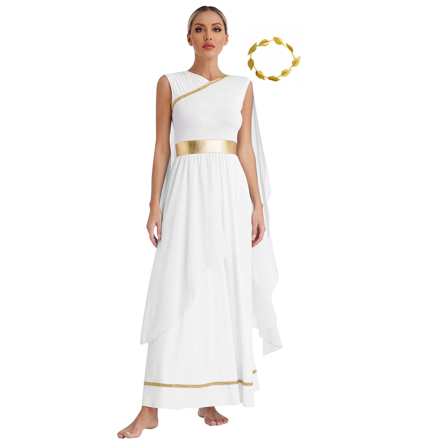 Womens Halloween Greek Beauty Carnival Cosplay Party Costumes Gold Leaves Garland Headwear And Cap Sleeve Ancient Toga Dress