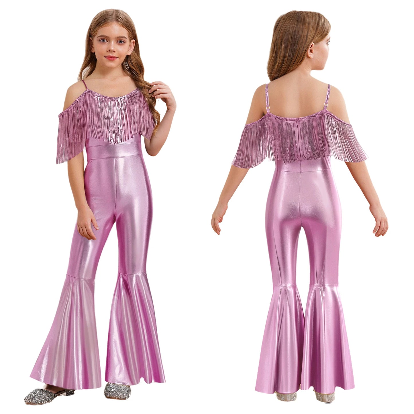 Shiny Halloween Hippie Costume for Kid Girls Sleeveless Sequins Tassels Disco Outfit 70s 80s Prom Flare Jumpsuit Party Costume