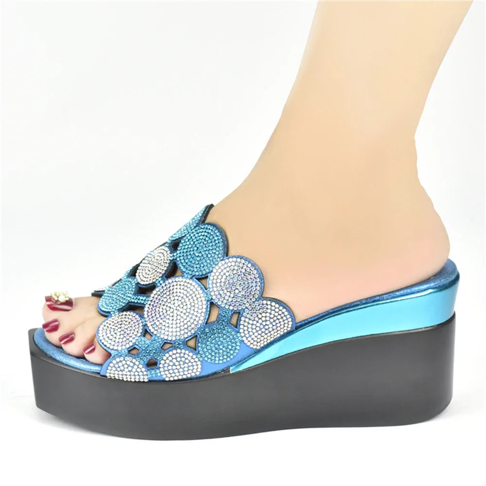 New Fashion Lady Shoes with Rhinestone Crystal Design Open Toe Sexy Nigerian Ladies Shoes Party Wedding Shoes Slippers Pumps