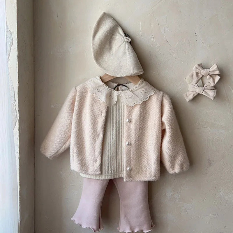 Baby Girl Sweet Lace Peter Pan Collar Tops Winter Fashion Ribbed Thickened Bottoming Tops Girls Simple Cotton Knitwear Tees