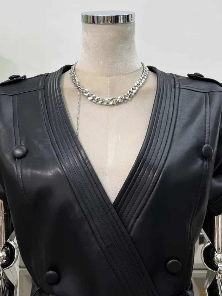 DFDG 2025 Women’s V-Neck Wide Shoulder Overlap Placket Double Breasted PU Leather Bodycon Dress Unique Design Cocktail Dress