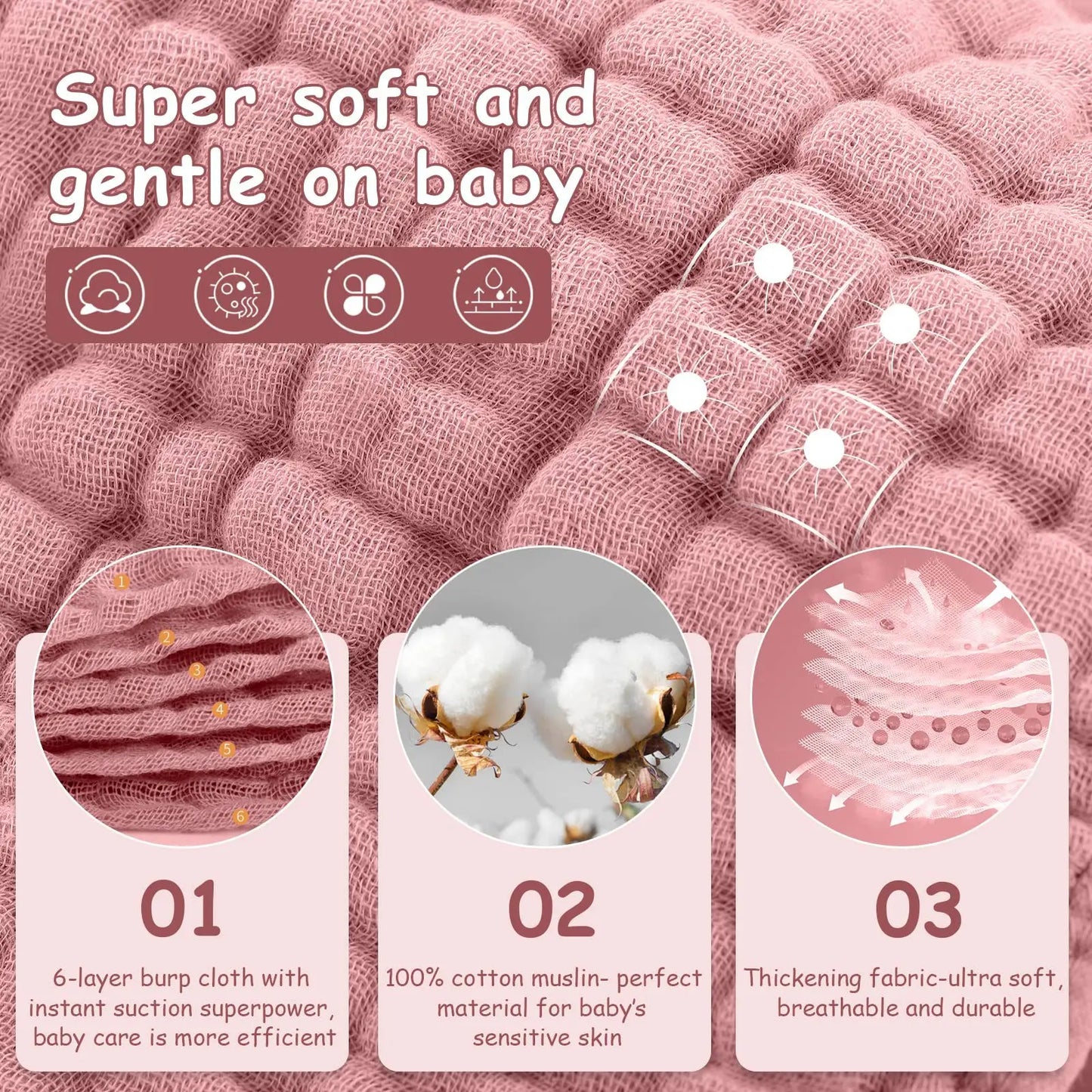6Pcs Baby Cotton Washcloth Absorbent Soft Gauze Facecloth Saliva Towel Feeding Baby Stuff Strong Water Absorption and Softness