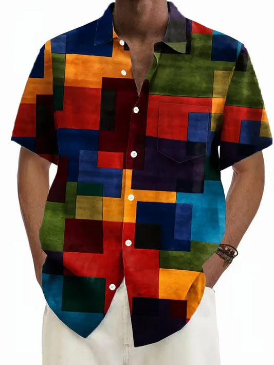 Men's Shirt Geometric Grid 3D Print Short Sleeve Shirts Summer Hawaiian Shirt Casual Outdoor Vacation Lapel Shirt Men's Clothing