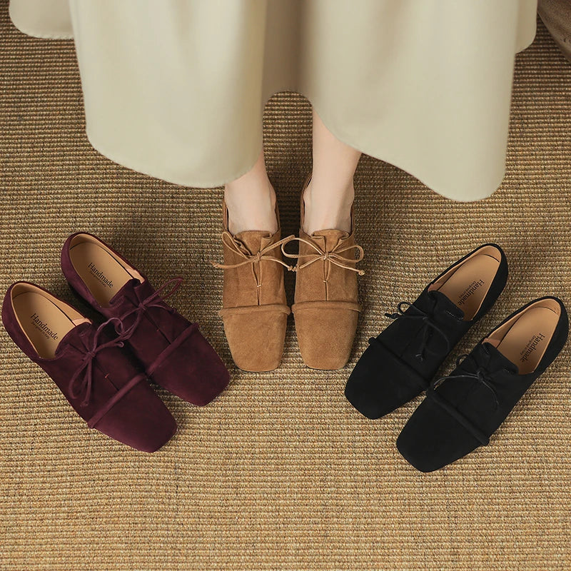 2025 New Women Pumps Sheep Suede Leather Shoes for Square Toe Low Heel Shoes Casual Lace-up Handmade Shoes 34-42 Women Heels