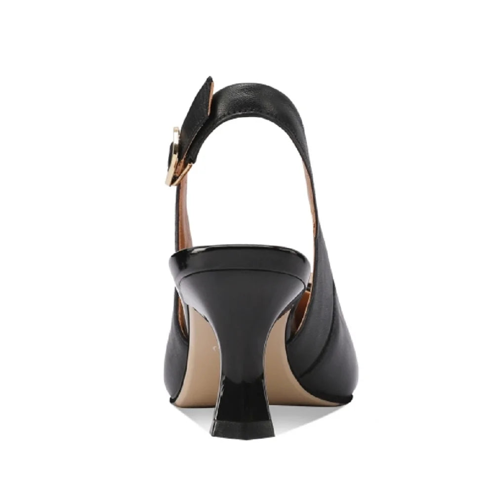 【JOCHEBED HU】Summer Brand Genuine Leather Mid Heels Women Sandals Fashion Slingback Pumps Office Lady Shoes 33-43