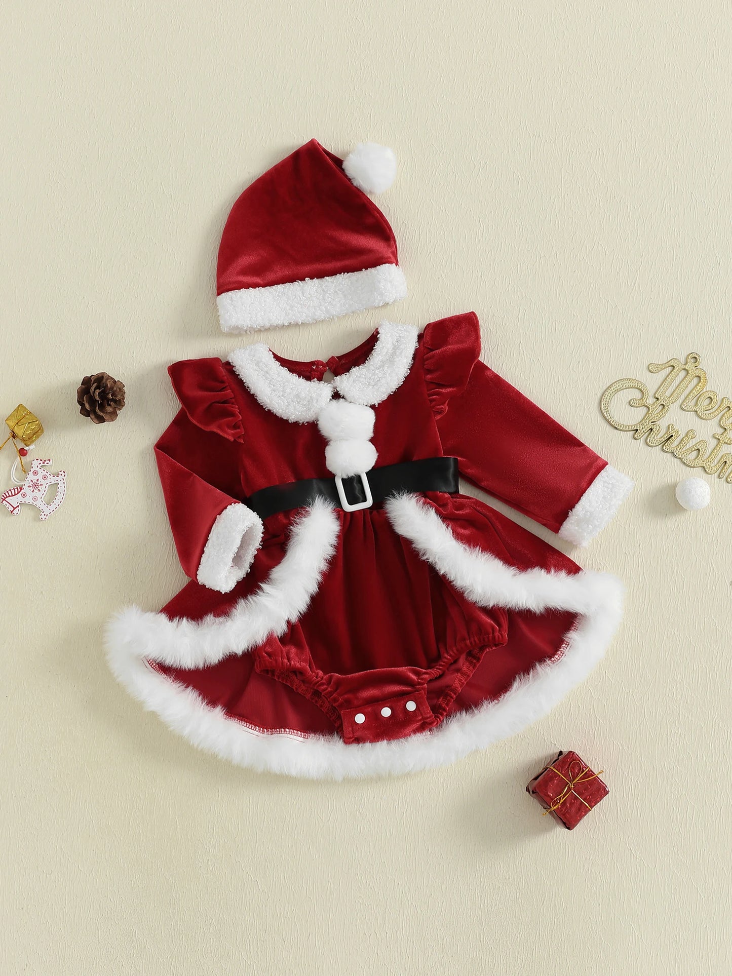 Citgeett Winter Christmas Infant Baby Girls Bodysuit Dress Plush Patchwork Long Sleeve Jumpsuits Cute Santa Hat Set Outfits
