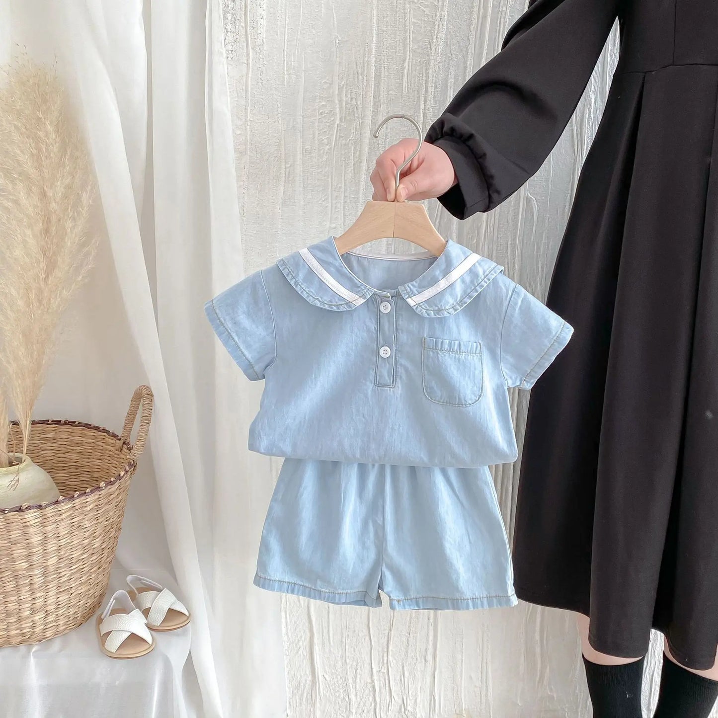 2025 Summer New  Korean Style Baby Short Sleeve Denim Set Sailor Collar Sleeve T-shirts Top Tees+Kid Shorts  two-piece set  0-4T
