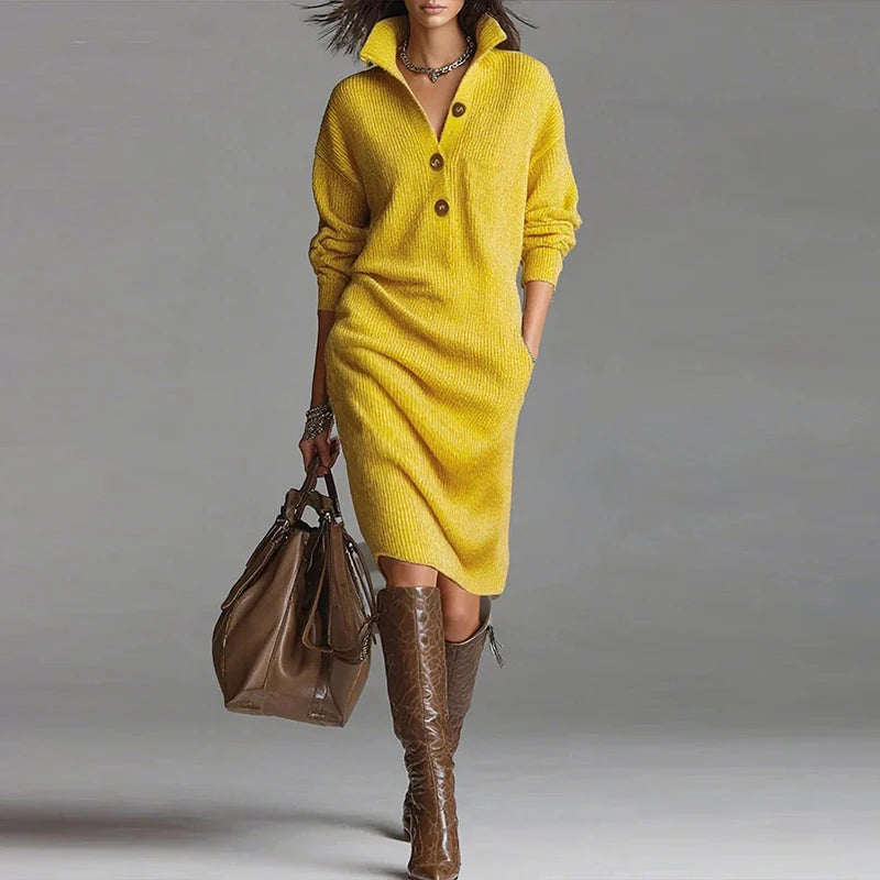 Autumn Winter Long Sleeve Knitted Dresses For Women Fashion Button Design Long Sleeve Lady Office Dress Women Elegan Party Dress