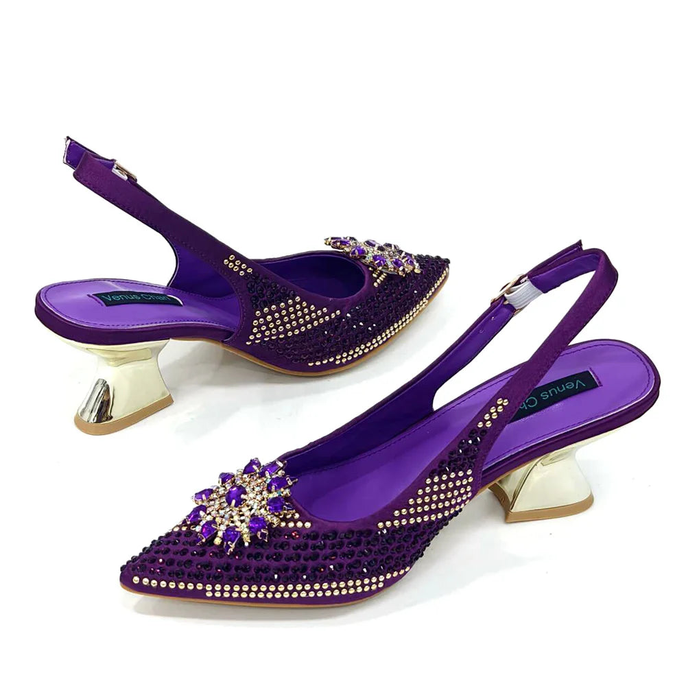 2024 New Designer Specials Italian Women Heels Shoes and Bag Set Royal Purple Color Comfortable With Rhinestone for Party