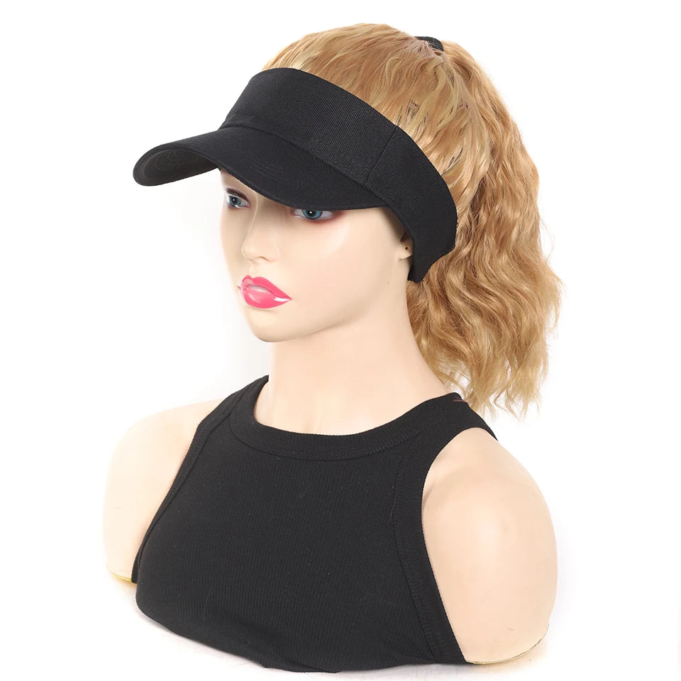 LUPU Synthetic Hair Curly Wave Ponytail Black Brown Baseball Cap Wig Adjustable Sun-Protective Sporty Style for Women Girls
