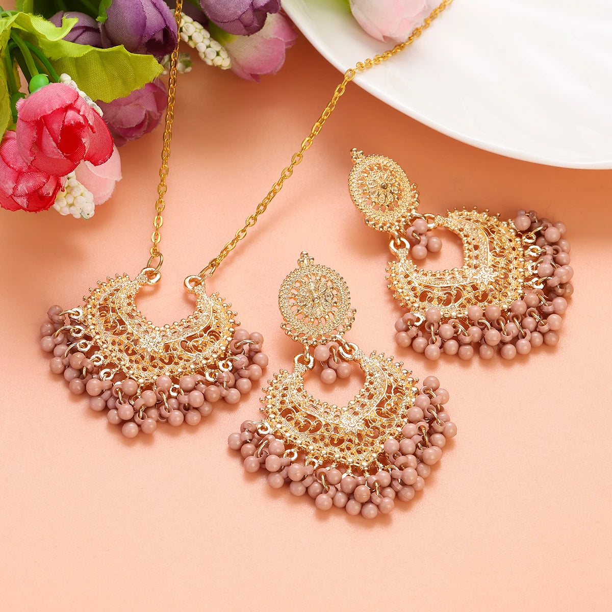 Indian Jewelry Set for Women Bijoux Retro Gold Plated Round Beads Tassel Earring Necklace Sets Ethnic Vintage Wedding Jewelry