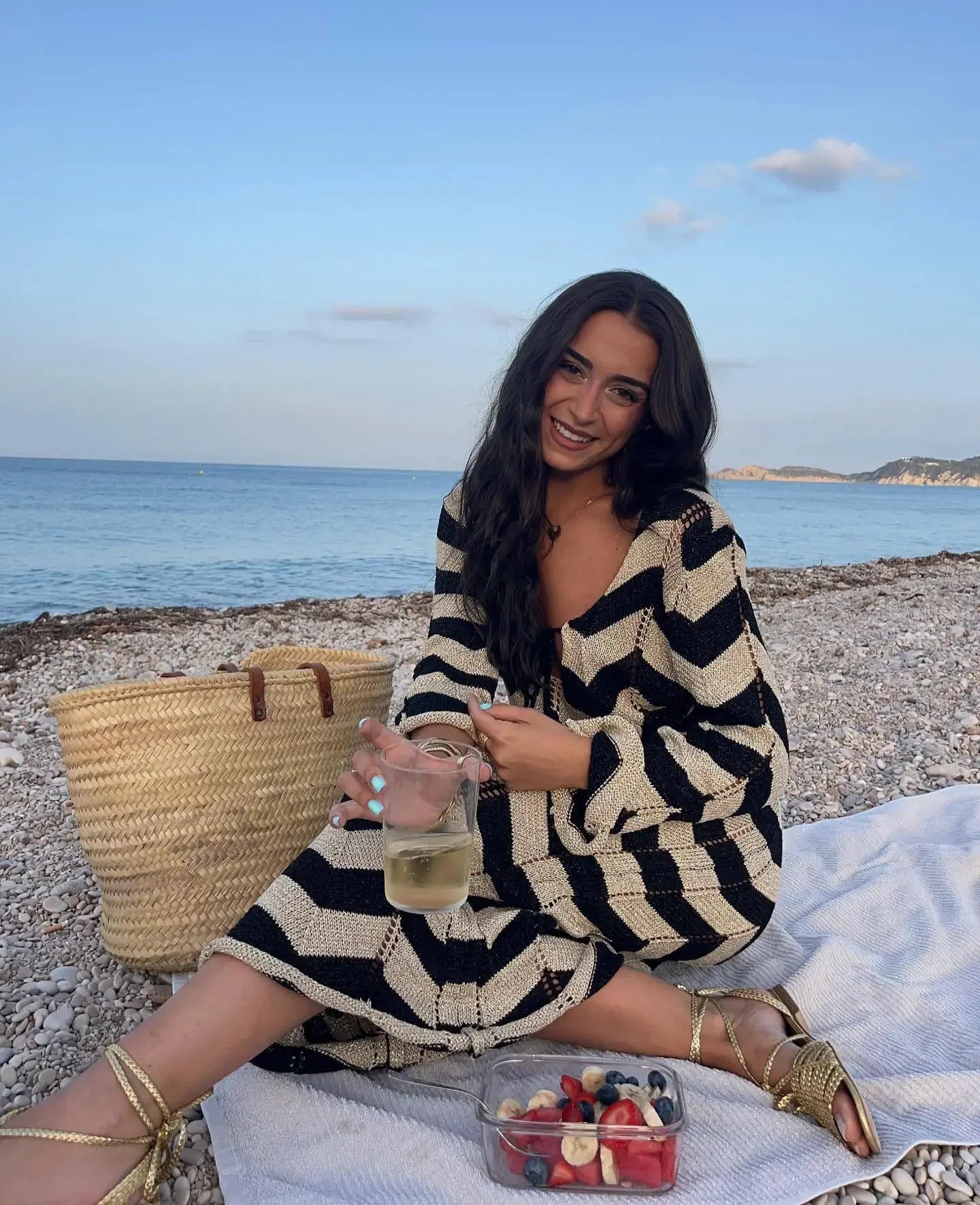 2025 Women's  Stripled Long Sleeve Slim Elegant Knitted Maxi Dress V Neck Autumn New Lace Up Hollow Sexy Beach Cover Up Dress
