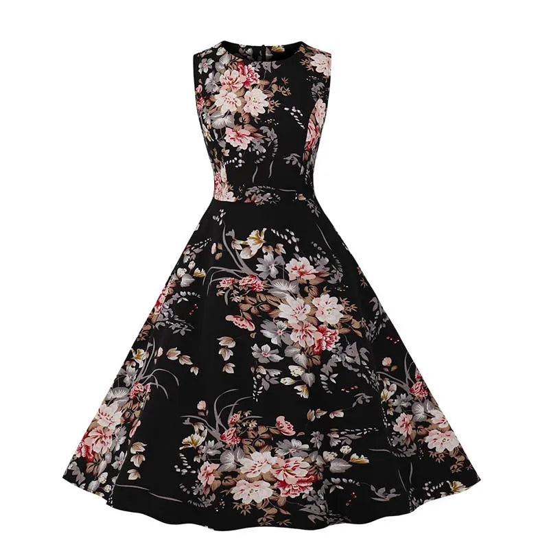 Sleeveless Floral Print Summer Dress Women Elegant Vintage Casual O Neck A Line Midi Party Sundress Vestidos With Belt