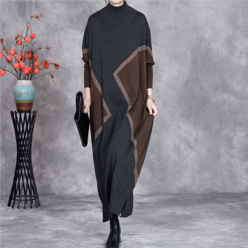 Johnature 2025 Woman Autumn New Fashion Mock Neck Loose Long Sleeves Dress Chinese Style Contrast Batwing Sleeve Casual Dress