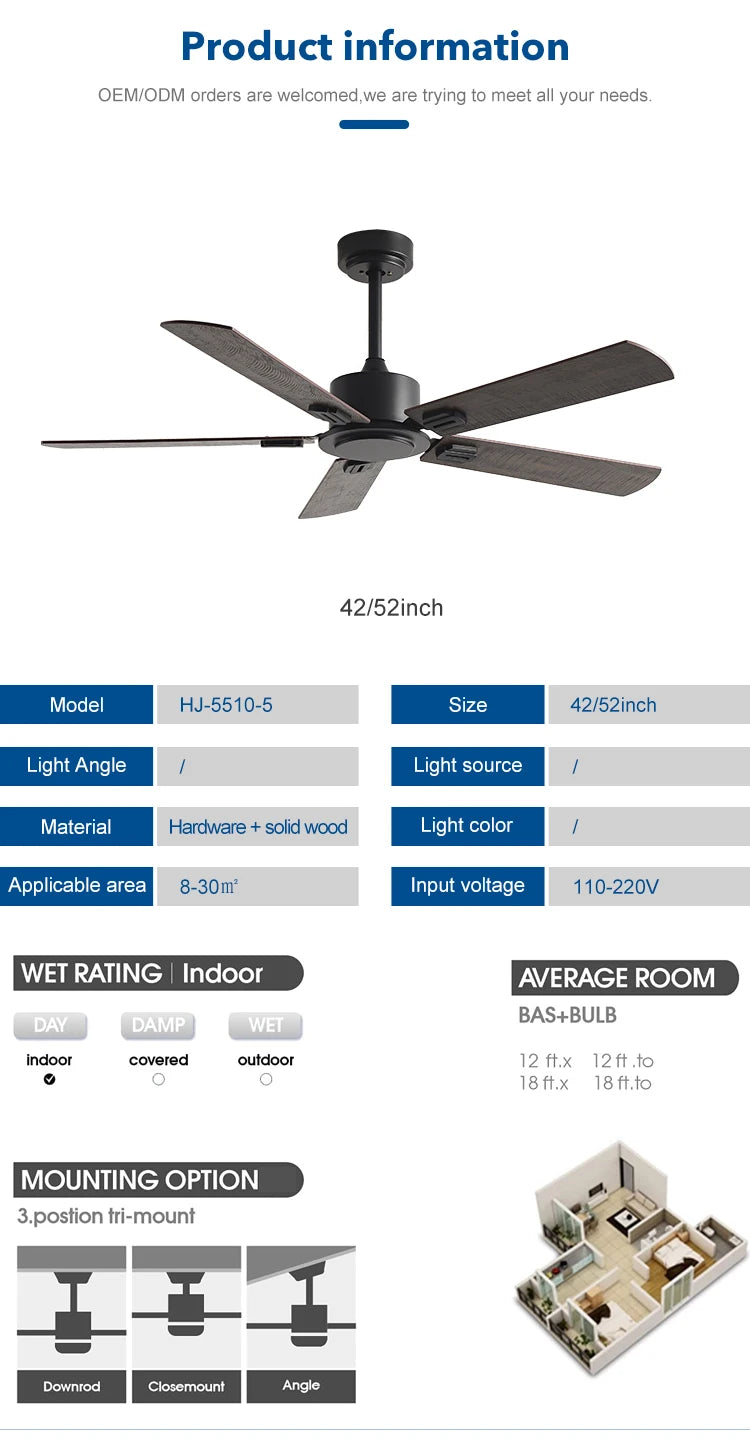 Large Ceiling Fan 52 Inch 5 Wood-Style Blades DC Mo tor Remote Control Quiet Running Fan for Living Room