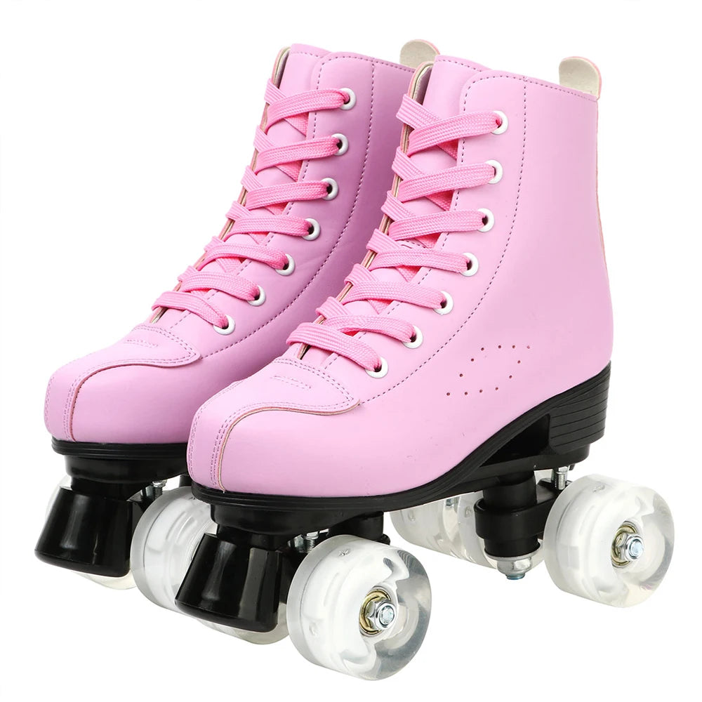 Pink Roller Skate Shoes PU Leather Roller Skates Skating Shoes Sliding Inline Quad Skates Sneakers 4 Wheels Flash Wheel Sneakers