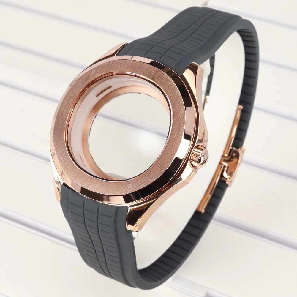 42mm Silver NH35 Watch Case Polished Brushed Black strap SapphireGlass For Nautilus AQUANAUT Cases Part NH35 NH36 NH38 32mm Dial