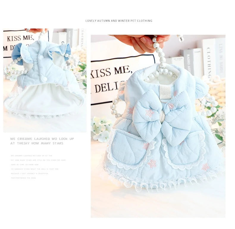 Autumn Winter Dog Clothes  Thick Cotton-padded Princess Pet Dress Coat with Embroidery for Small Dogs & Cats
