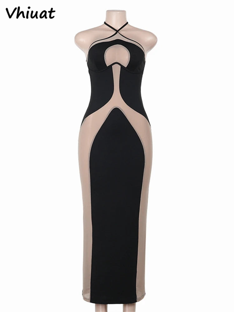Vhiuat Hollow Out Sexy Women Striped Evening Party Maxi Dress Sleeveless Backless Halter Elegant Fashion Long Dresses Y2K 2024