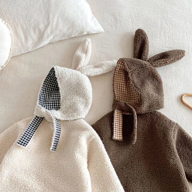New Autumn Winter Baby Girl Boy Romper with Bunny Hat Cute Pocket Design Warm Infant Long Sleeve One-Piece Jumpsuit B5066