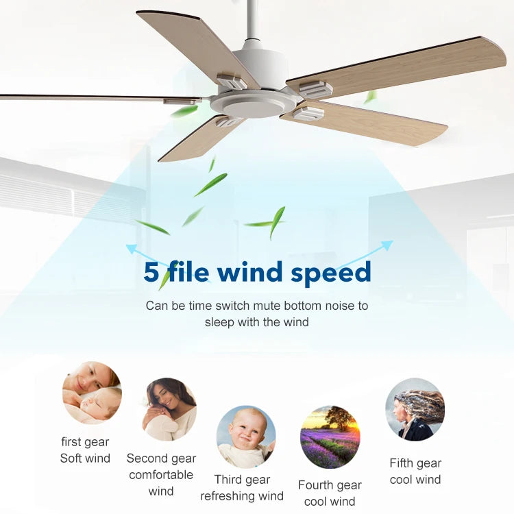 Large Ceiling Fan 52 Inch 5 Wood-Style Blades DC Mo tor Remote Control Quiet Running Fan for Living Room