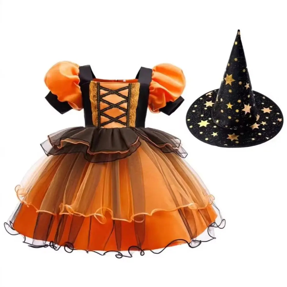 Girls Halloween Witch Costume Puff Sleeve Orange Black Layer Tulle Tutu Dress Kids Pumpkin Cosplay Outfit With Witch Headband Pu