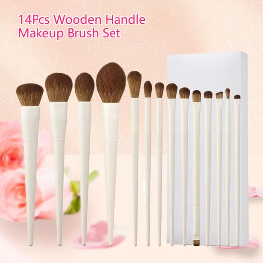 14Pcs Makeup Brush Set White Wooden Handle Synthetic Foundation Brush Powder Contour Eyeshadow Liner Blending Highlight