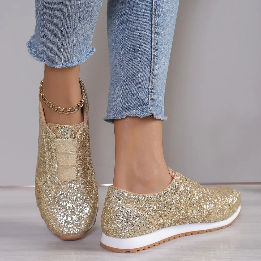 2026 Autumn New Fashion Slip-on Low-heeled Women's Sneakers Gold Silver Sport Shoes Ladies Outdoor Casual Walking Shoes