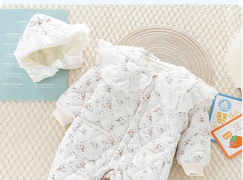 2PCS Set Baby Cute Floral Rompers Infant Diamond Flower Fleece Padded Jumpsuit with Hat 0-2T Toddler Thicken Outwear Clothes