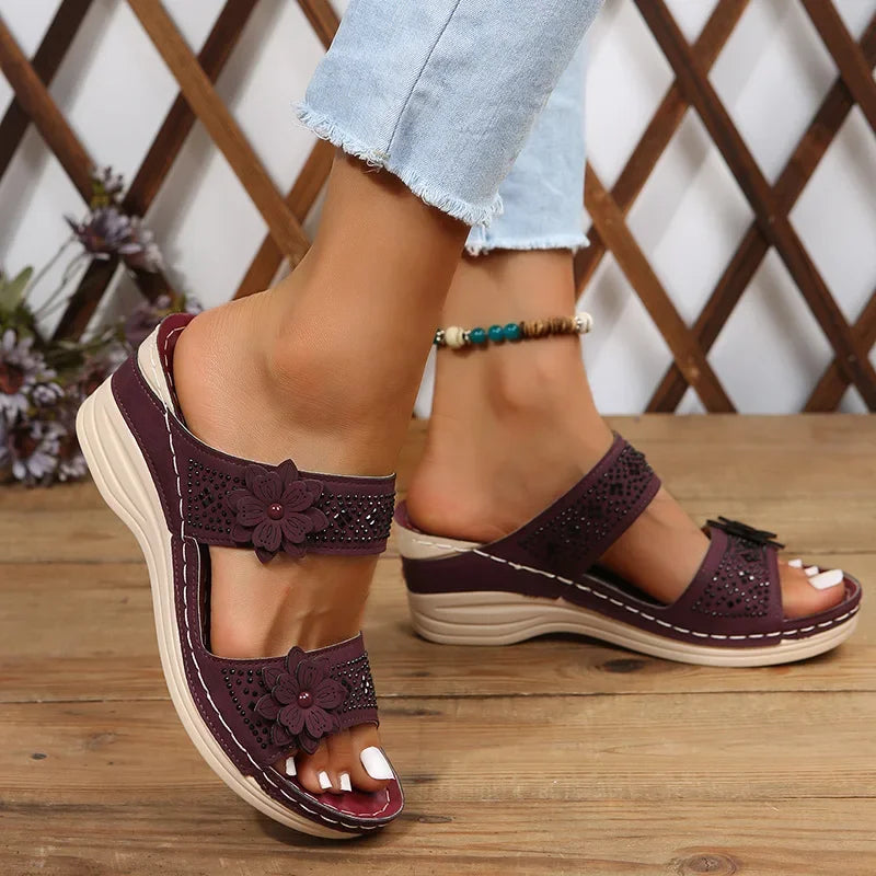 Summer Women Slippers Women's Shoes Retro Roman Sandals Women Pu Casual Flower Wedge Sandals Platform Slippers Heel Plus Size