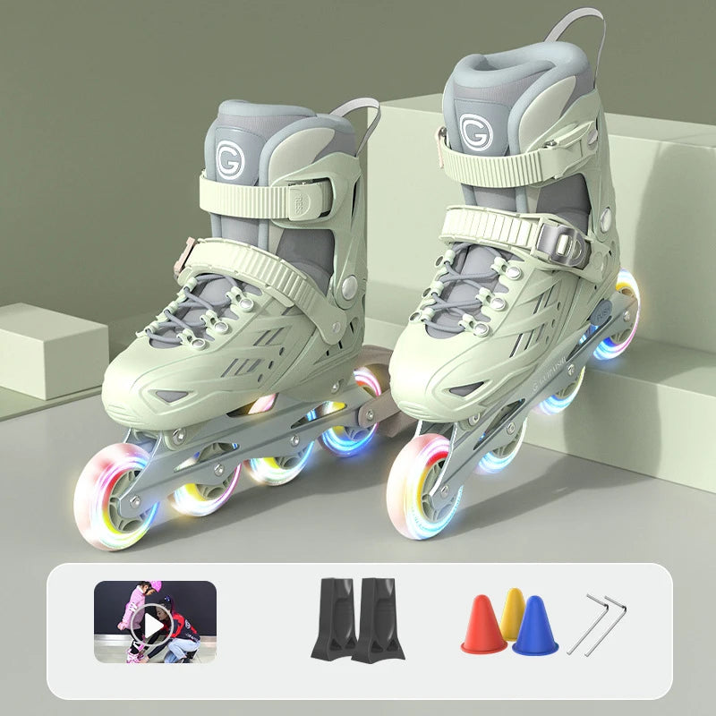 4 Wheels Flashing Inline Skates with Full Protective Gear Set Helmet Knee Pads Elbow Pads Carry Bag Adjustable Size for Boy Girl