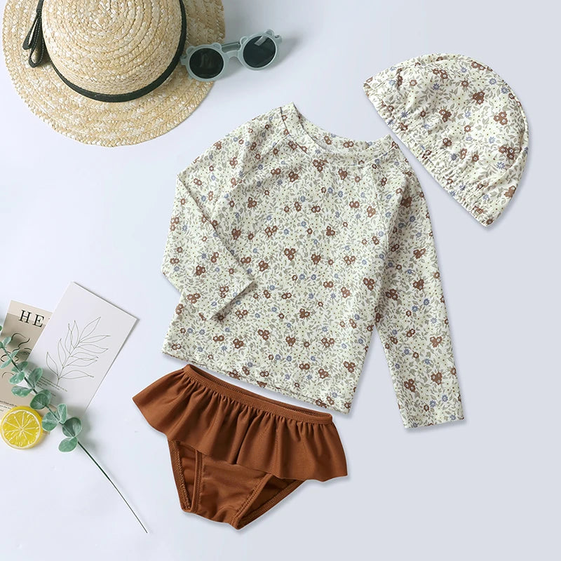 2026 Summer Kids Girls Swimwear Clothes Set Top+Bottom Shorts +Hat For Children's Bathing Swimming Suit Beach Teenage Outfits