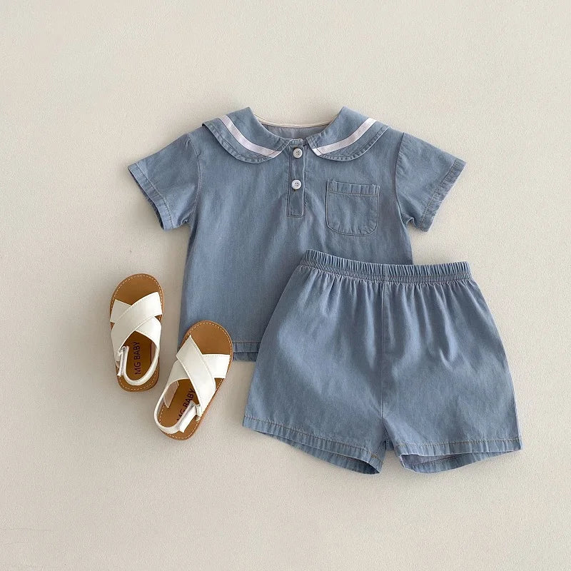 2025 Summer New  Korean Style Baby Short Sleeve Denim Set Sailor Collar Sleeve T-shirts Top Tees+Kid Shorts  two-piece set  0-4T