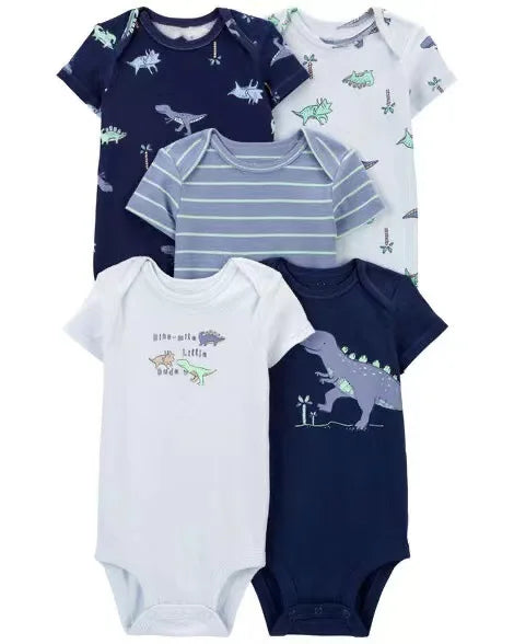 Summer Baby Romper 5pcs Set, Newborn Short Sleeve Onesies, Unisex Infant Bodysuit,  Cotton Sling, 0-1Y
