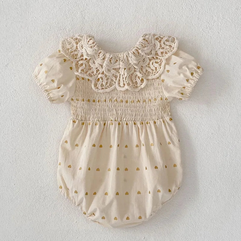 Summer new baby clothes for 0-3 years old, baby and girl big lace lapel love print short-sleeved jumpsuit